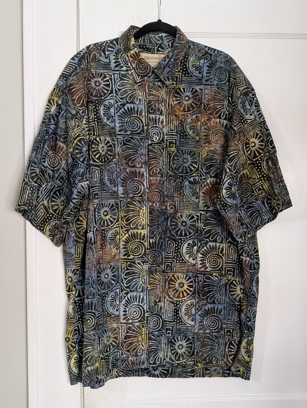 Johari West 3XLT Batik Button Up Shirt Blue Brown Abstract Cotton Big Tall